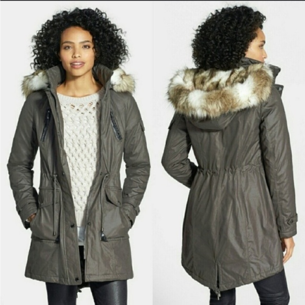 Laundry Womenโs Winter Snow Jacket Olive Green Hood Faux Fur Size Large